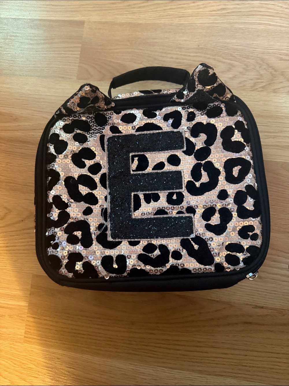 Justice Leopard Sequin Lunch Bag with Black Glitter 'E'